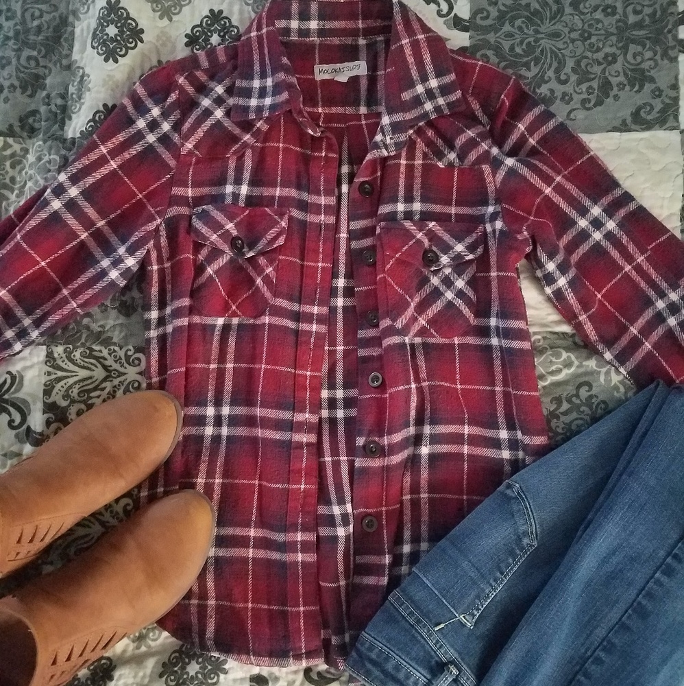 Flannel button up plaid shirt - burgundy/navy